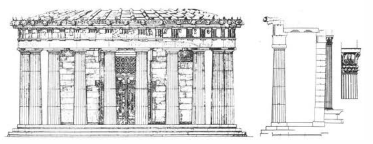 Architectural drawing of a classical Greek temple with detailed columns and pediment, showing front and side views.